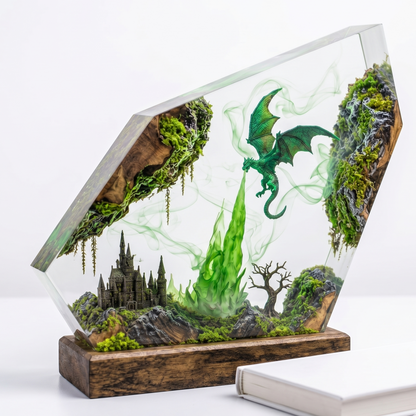 Emerald Dragon Resin Lamp with Color-Changing LED, Green Night Light