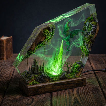 Emerald Dragon Resin Lamp with Color-Changing LED, Green Night Light
