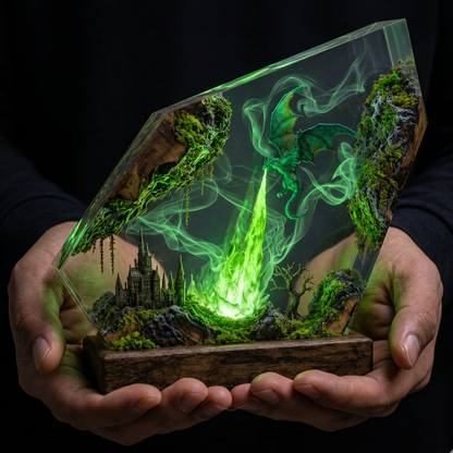 Emerald Dragon Resin Lamp with Color-Changing LED, Green Night Light