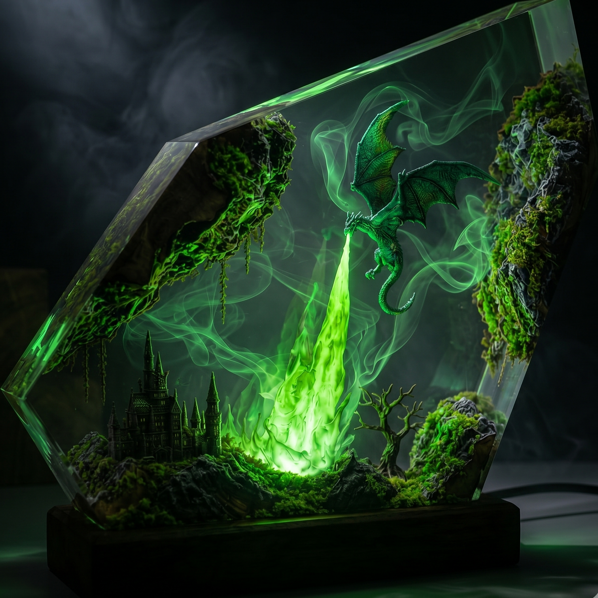 Emerald Dragon Resin Lamp with Color-Changing LED, Green Night Light