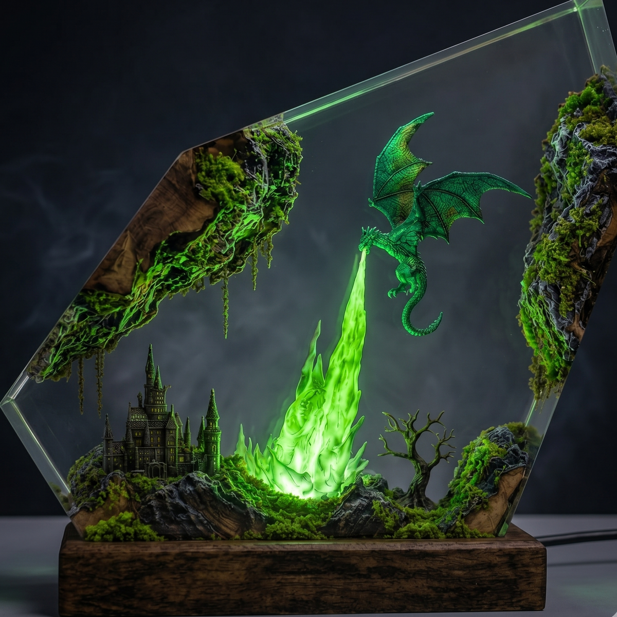 Emerald Dragon Resin Lamp with Color-Changing LED, Green Night Light