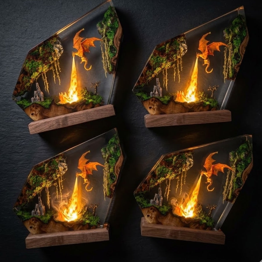 Fire Dragon Resin Lamp – Floating Kingdom Fantasy Decor & LED Night Light