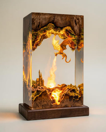 Fire Dragon Resin Lamp – Handmade Fantasy Castle Night Light & Gaming Room Decor