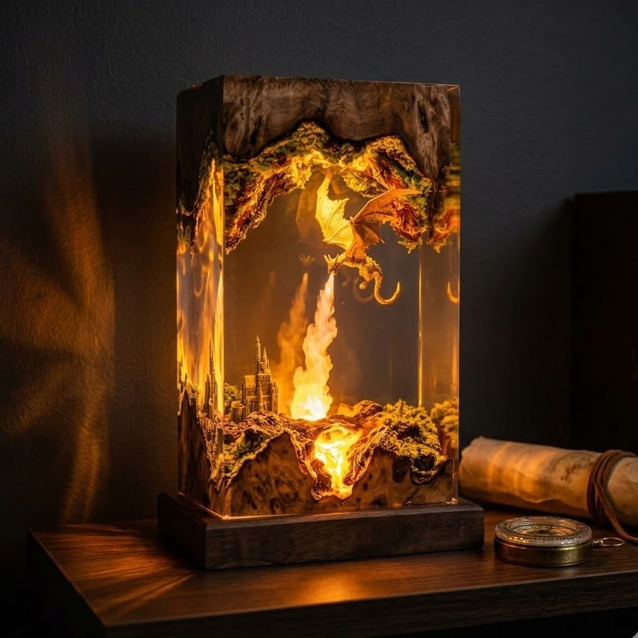 Fire Dragon Resin Lamp – Handmade Fantasy Castle Night Light & Gaming Room Decor