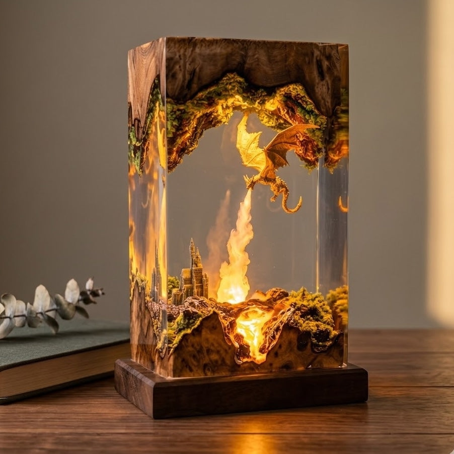 Fire Dragon Resin Lamp – Handmade Fantasy Castle Night Light & Gaming Room Decor