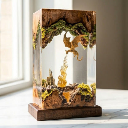 Fire Dragon Resin Lamp – Handmade Fantasy Castle Night Light & Gaming Room Decor