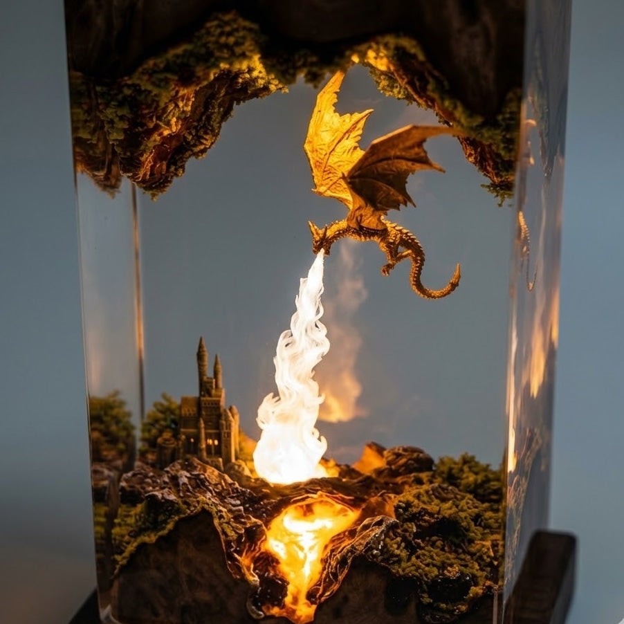 Fire Dragon Resin Lamp – Handmade Fantasy Castle Night Light & Gaming Room Decor