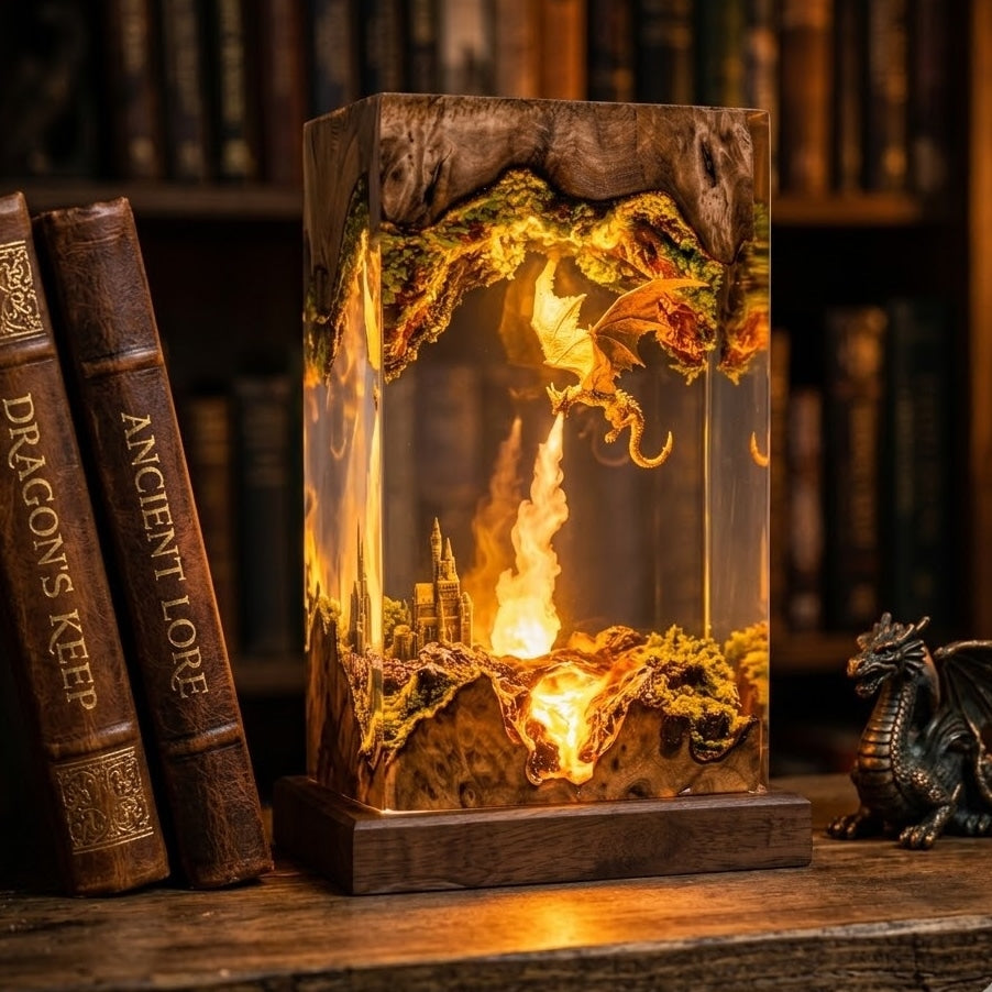 Fire Dragon Resin Lamp – Handmade Fantasy Castle Night Light & Gaming Room Decor