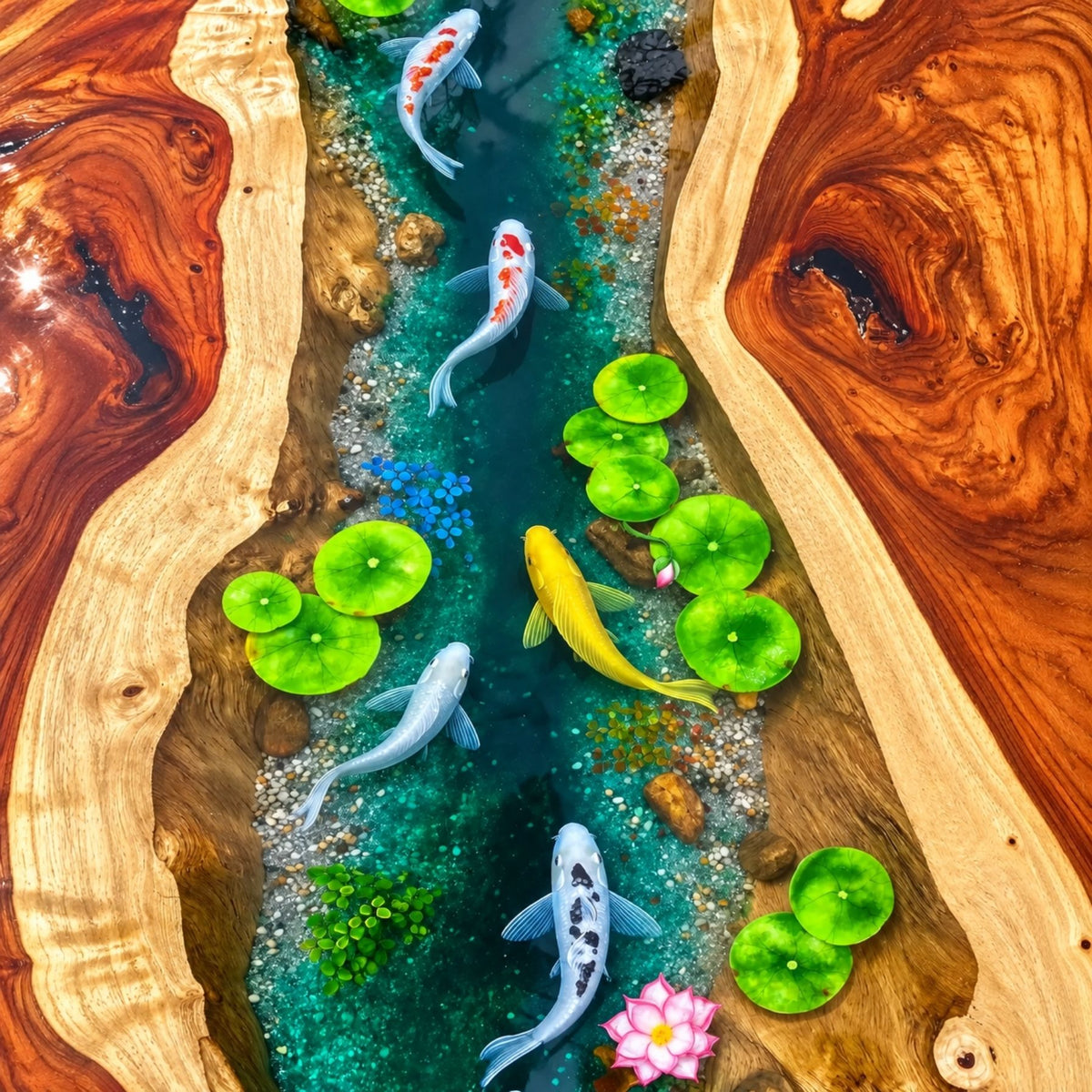 Handmade Koi Fish Epoxy Resin River Dining Table, Luxury Natural Wood Furniture