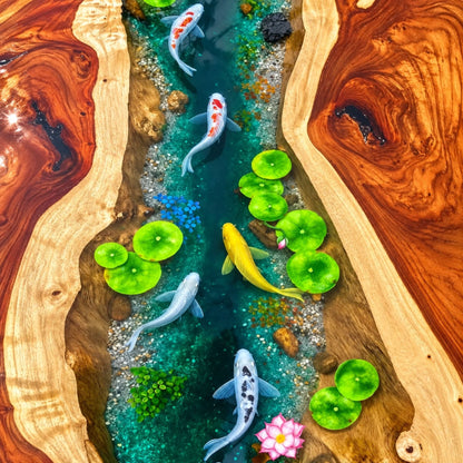 Handmade Koi Fish Epoxy Resin River Dining Table, Luxury Natural Wood Furniture