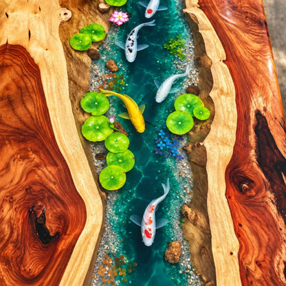 Handmade Koi Fish Epoxy Resin River Dining Table, Luxury Natural Wood Furniture