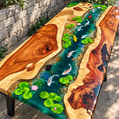 Handmade Koi Fish Epoxy Resin River Dining Table, Luxury Natural Wood Furniture
