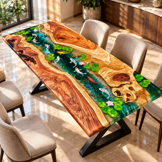 Handmade Koi Fish Epoxy Resin River Dining Table, Luxury Natural Wood Furniture