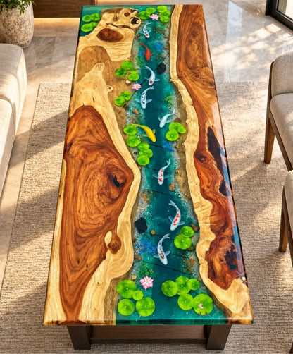 Handmade Koi Fish Epoxy Resin River Dining Table, Luxury Natural Wood Furniture
