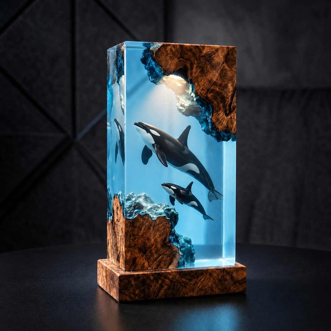 Killer Whale Resin Lamp, Orca Family Night Light, Gift For Him, Fathers Day Gift, Handmade Wood Resin Art