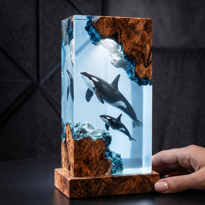 Killer Whale Resin Lamp, Orca Family Night Light, Gift For Him, Fathers Day Gift, Handmade Wood Resin Art