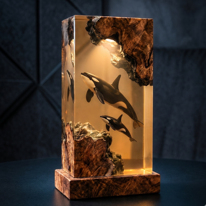 Killer Whale Resin Lamp, Orca Family Night Light, Gift For Him, Fathers Day Gift, Handmade Wood Resin Art