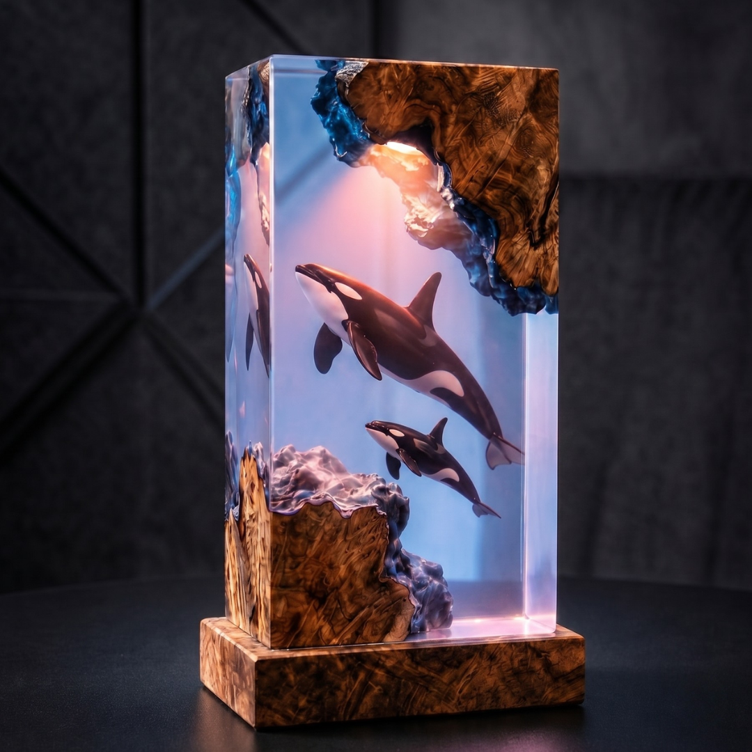 Killer Whale Resin Lamp, Orca Family Night Light, Gift For Him, Fathers Day Gift, Handmade Wood Resin Art