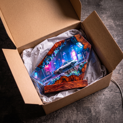 Toyota AE86 Drift Resin Wood Night Light - Initial D Mountain Diorama Lamp - Cyberpunk Neon Cityscape Epoxy Artisan Gift for JDM Fans
