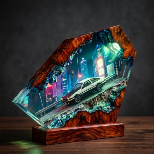 Toyota AE86 Drift Resin Wood Night Light - Initial D Mountain Diorama Lamp - Cyberpunk Neon Cityscape Epoxy Artisan Gift for JDM Fans