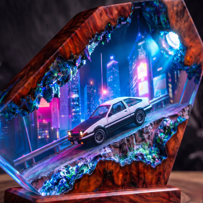 Toyota AE86 Drift Resin Wood Night Light - Initial D Mountain Diorama Lamp - Cyberpunk Neon Cityscape Epoxy Artisan Gift for JDM Fans