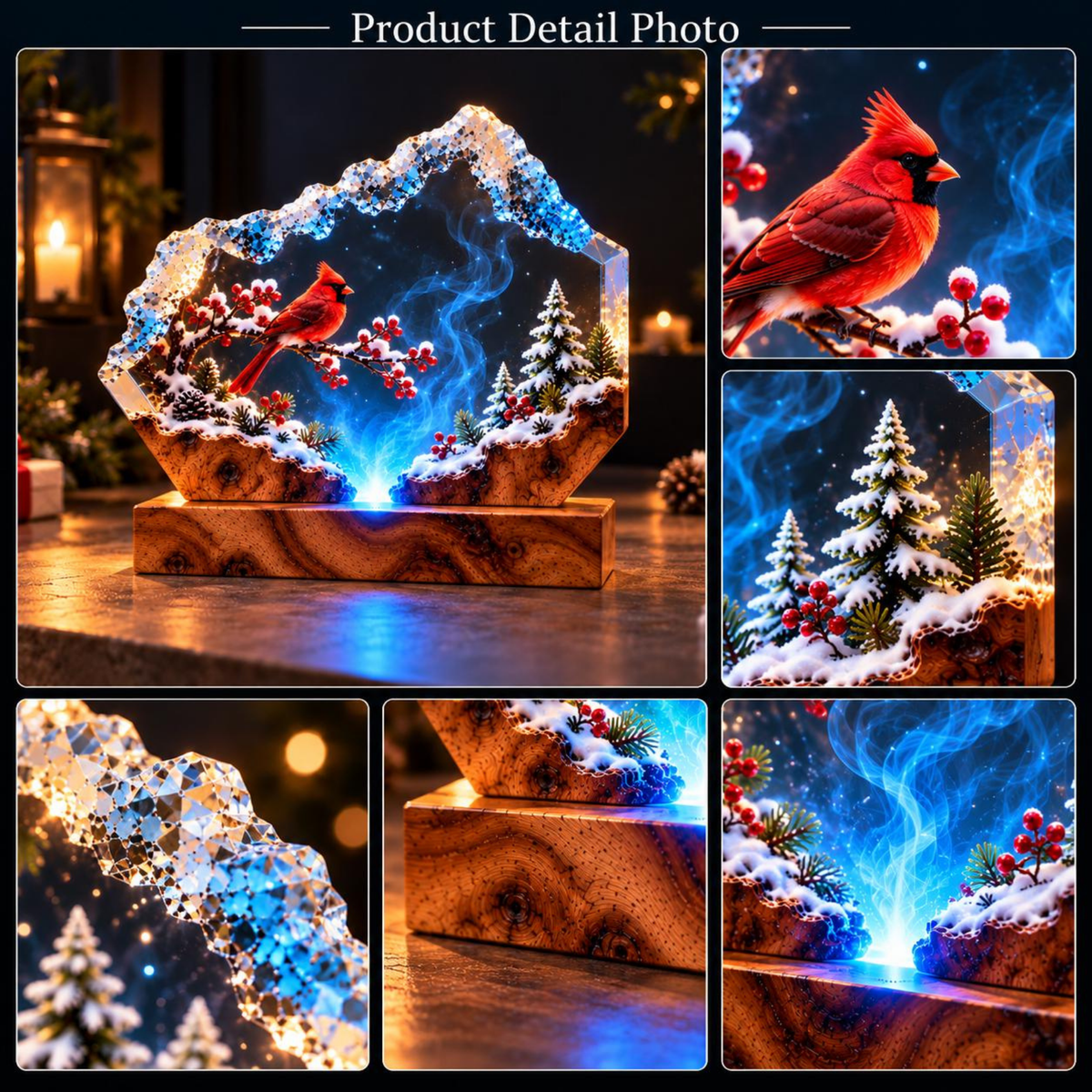 Snowy Woodland Cardinal Night Light - Handmade Resin Lamp