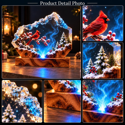 Snowy Woodland Cardinal Night Light - Handmade Resin Lamp