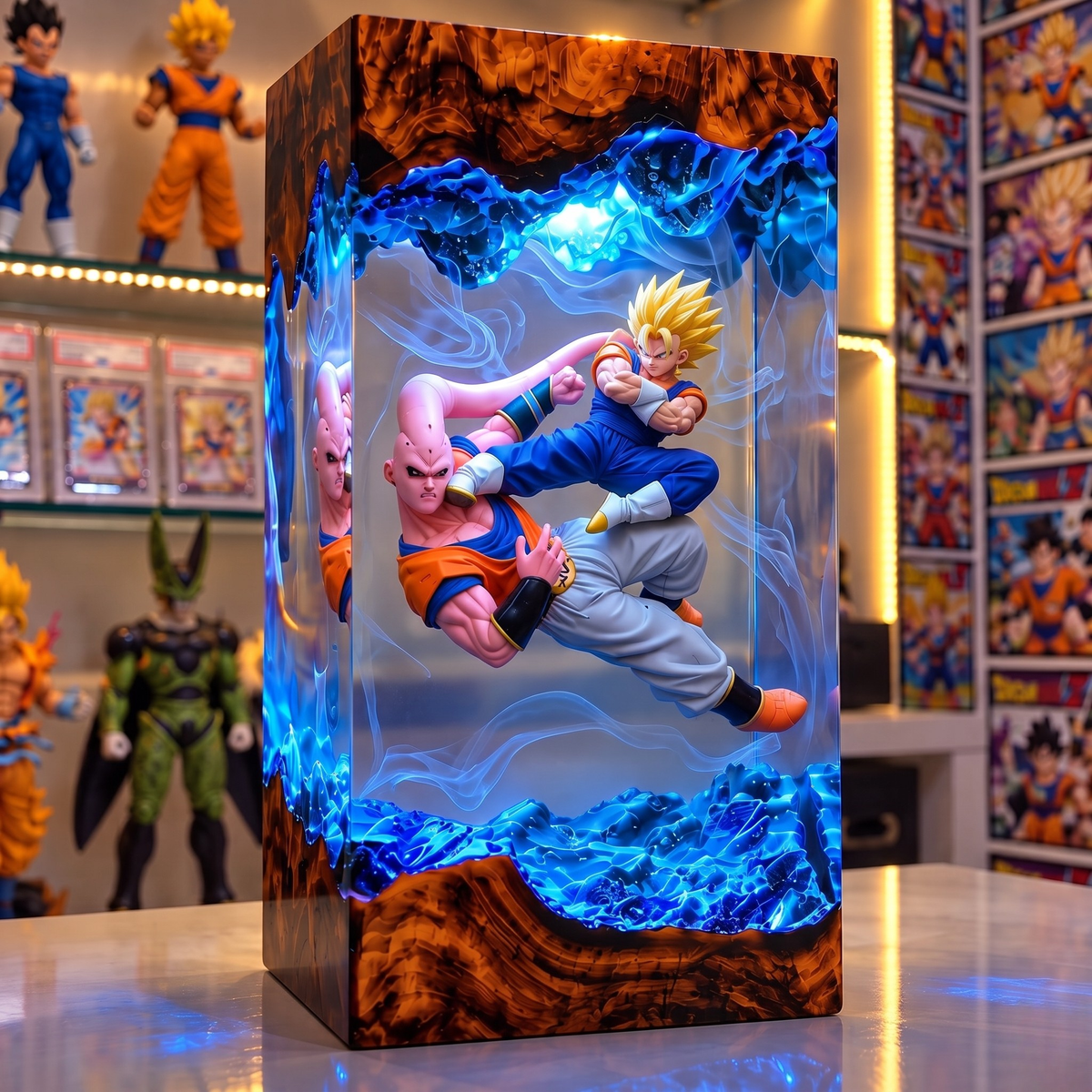 Fused Fighter & Pink Alien Clash Resin Lamp - Epic Anime Battle Diorama