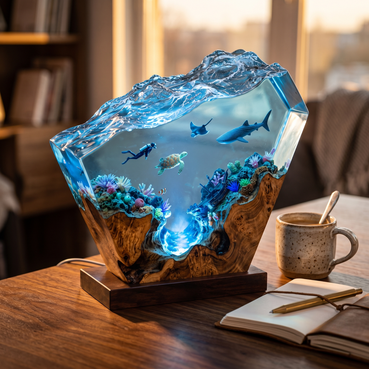 Diver and Sea Turtle Epoxy Night Light - Unique Gift for Him