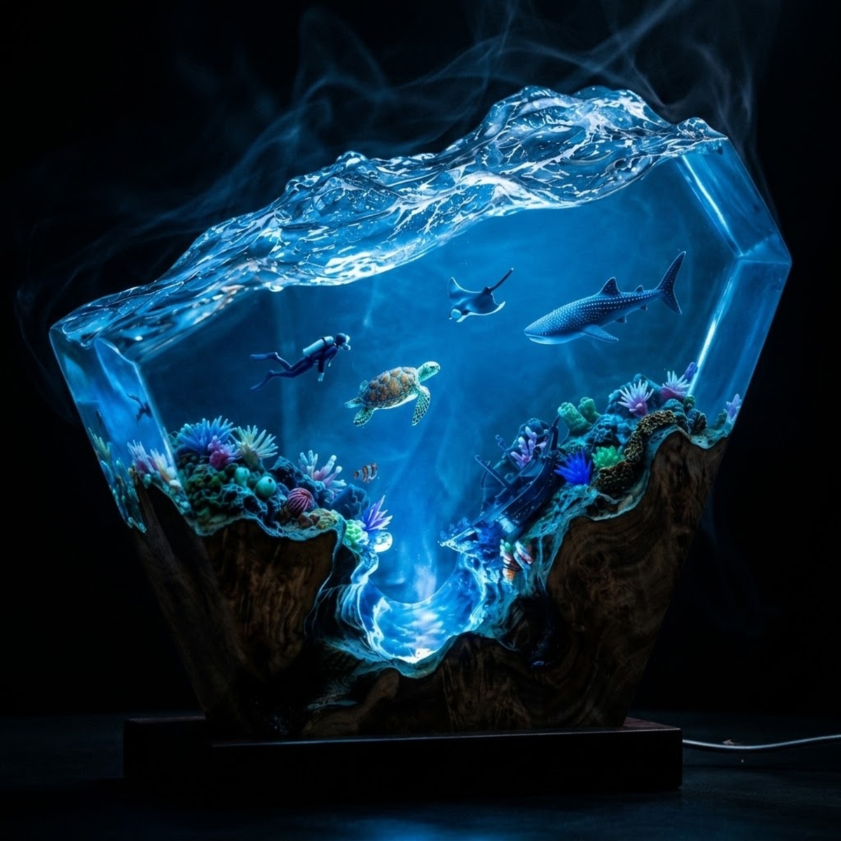 Diver and Sea Turtle Epoxy Night Light - Unique Gift for Him
