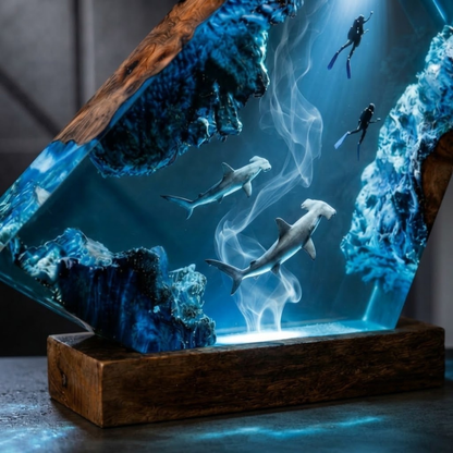 Hammerhead Shark and Diver Epoxy Night Light - Marine Life Decor