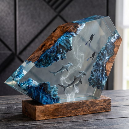 Hammerhead Shark and Diver Epoxy Night Light - Marine Life Decor