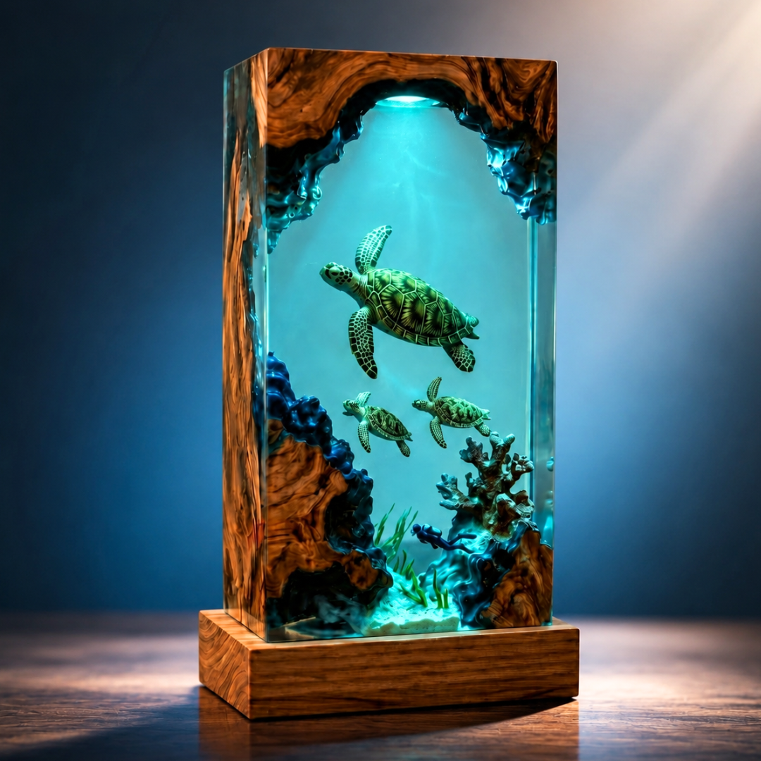 Sea Turtle Cave Epoxy Resin Lamp – Handmade Ocean Night Light, Wooden Marine Decor & Unique Underwater Gift