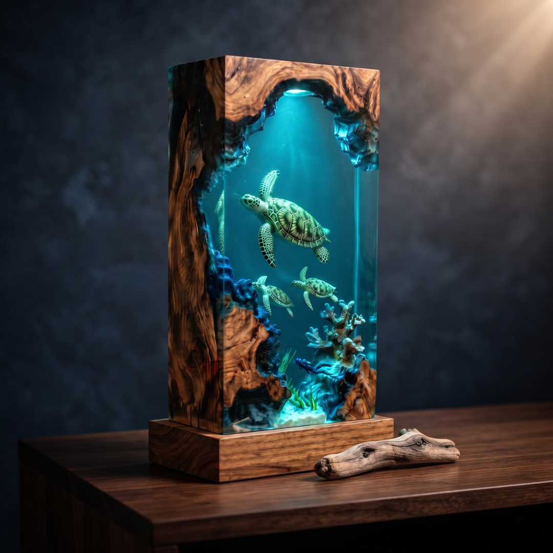 Sea Turtle Cave Epoxy Resin Lamp – Handmade Ocean Night Light, Wooden Marine Decor & Unique Underwater Gift