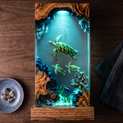Sea Turtle Cave Epoxy Resin Lamp – Handmade Ocean Night Light, Wooden Marine Decor & Unique Underwater Gift