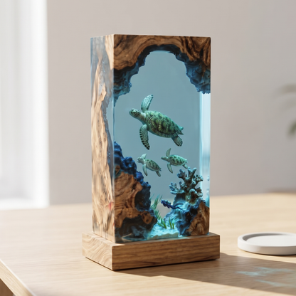 Sea Turtle Cave Epoxy Resin Lamp – Handmade Ocean Night Light, Wooden Marine Decor & Unique Underwater Gift