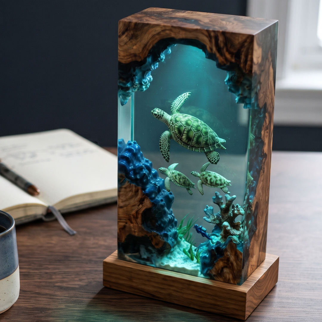 Sea Turtle Cave Epoxy Resin Lamp – Handmade Ocean Night Light, Wooden Marine Decor & Unique Underwater Gift