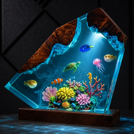 Sea Turtle Resin Lamp - Coral Reef Ocean and Clownfish