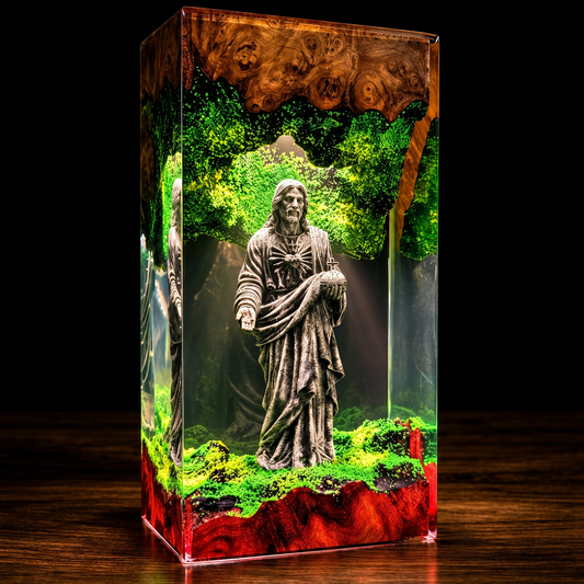 Jesus Resin Lamp – Handmade Sacred Heart Christian LED Light