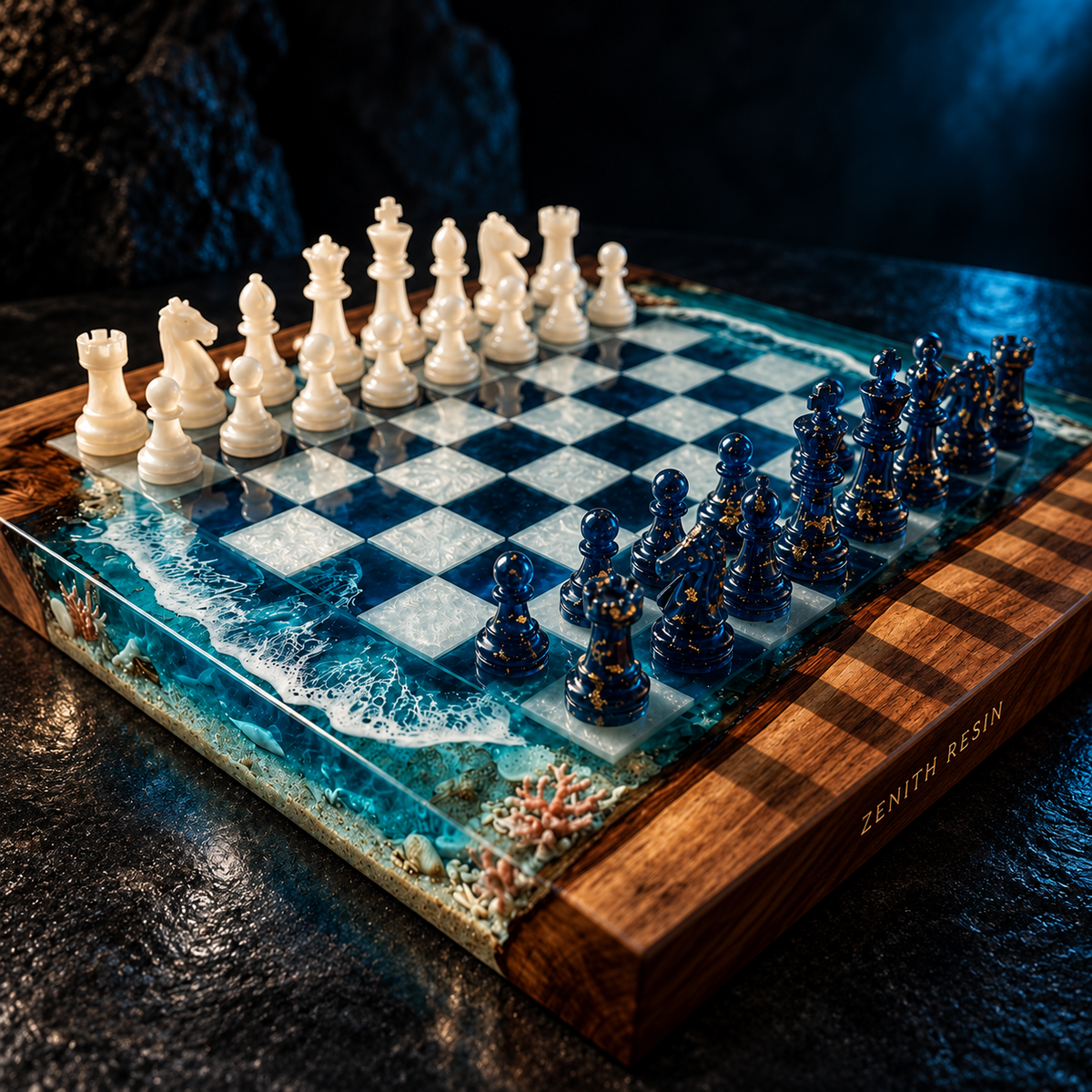 Ocean Resin Chess Set – Handmade Epoxy Chess Board with 32 Pieces