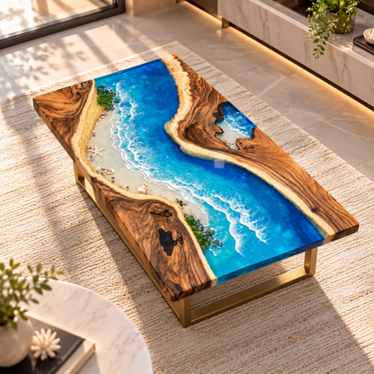 Handmade Luxury Ocean Epoxy Resin, Crystal Clear Beach Scene, Handmade Statement Furniture