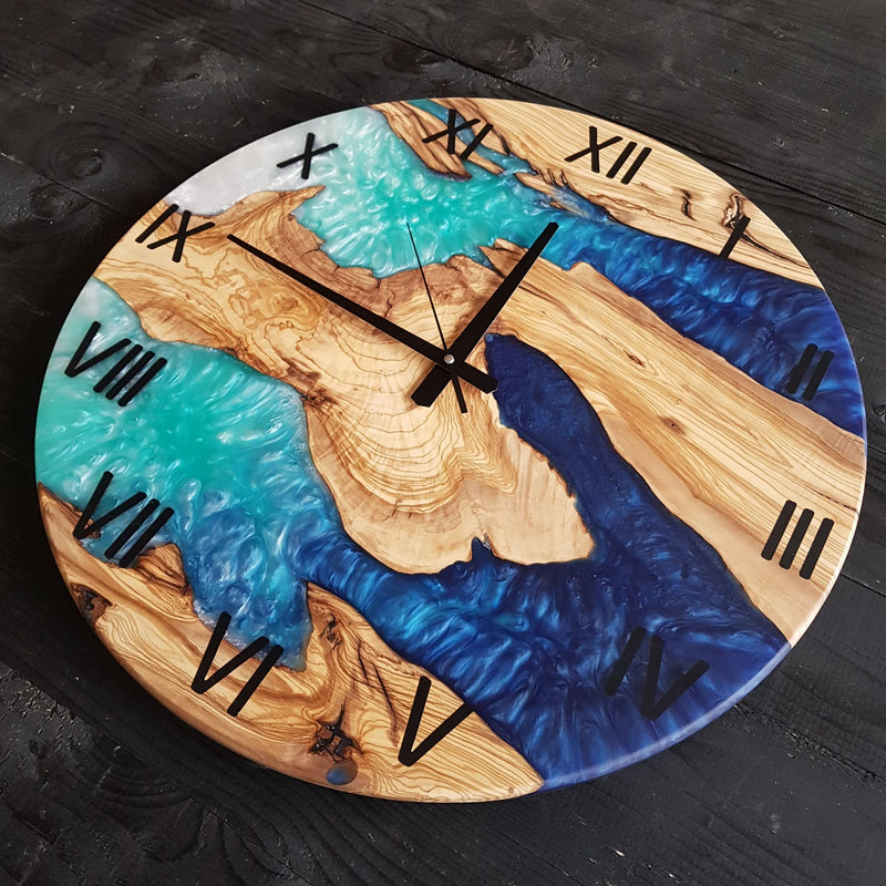 Custom Olive Wood Epoxy Resin Wall Clock, Live Edge Rustic Farmhouse Handmade Home Decor
