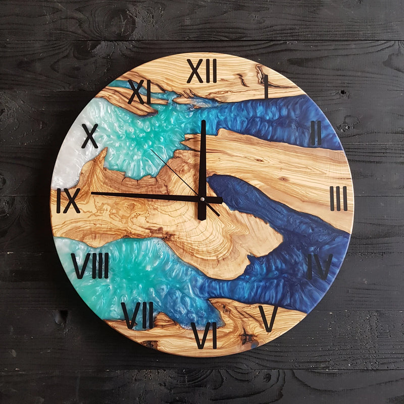 Custom Olive Wood Epoxy Resin Wall Clock, Live Edge Rustic Farmhouse Handmade Home Decor
