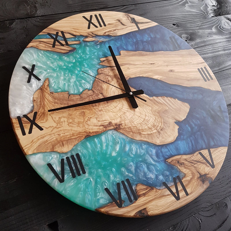 Custom Olive Wood Epoxy Resin Wall Clock, Live Edge Rustic Farmhouse Handmade Home Decor