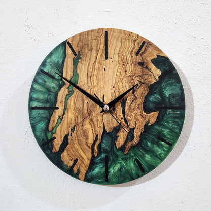 Green Resin Olive Wood Wall Clock, Custom Handmade Epoxy Live Edge Rustic Home Decor