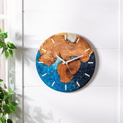 Handmade Epoxy Olive Wood Wall Clock, Unique Resin Art Large Rustic Home Decor