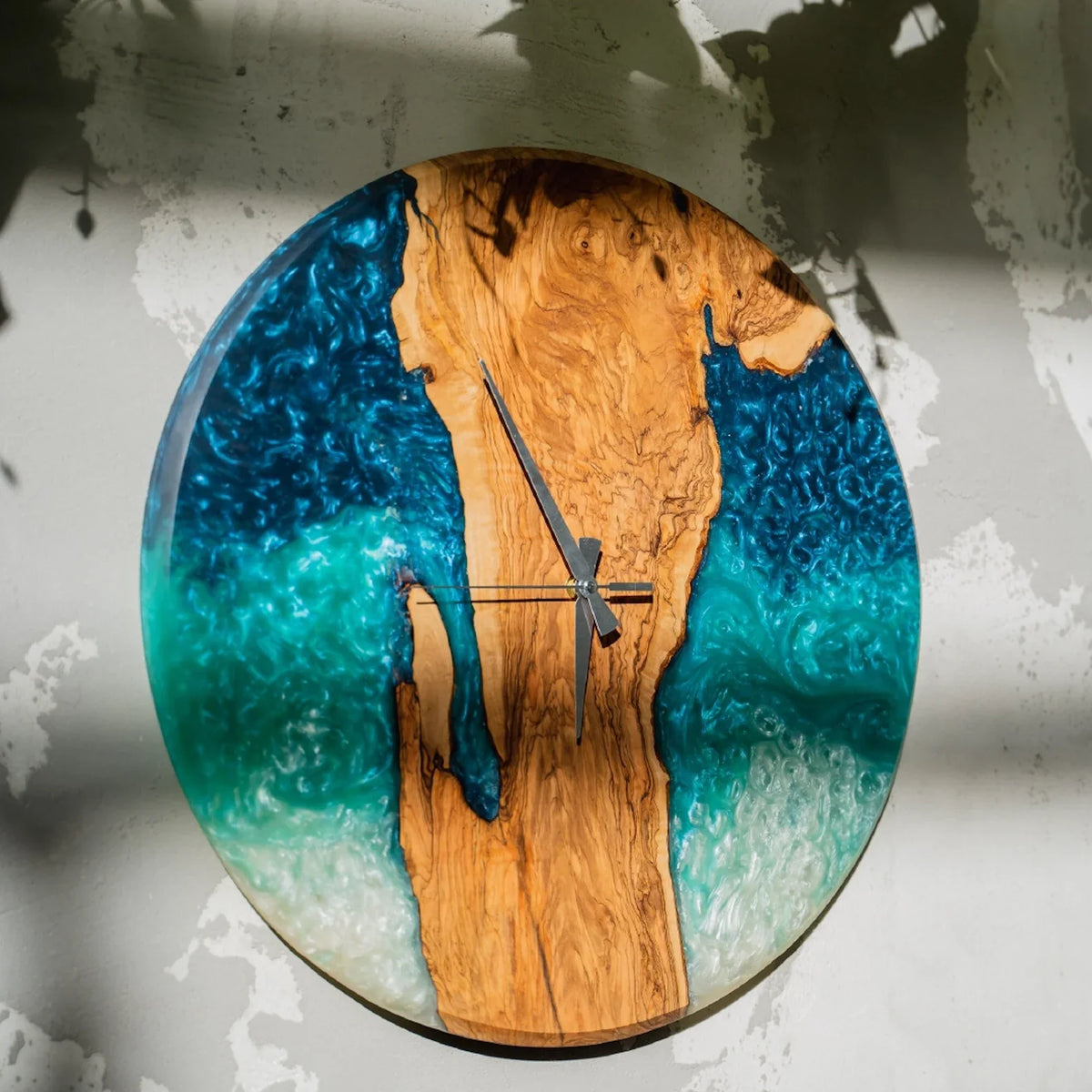 Handmade Epoxy Olive Wood Wall Clock, Custom Resin Art Clock, Rustic Modern Home Decor