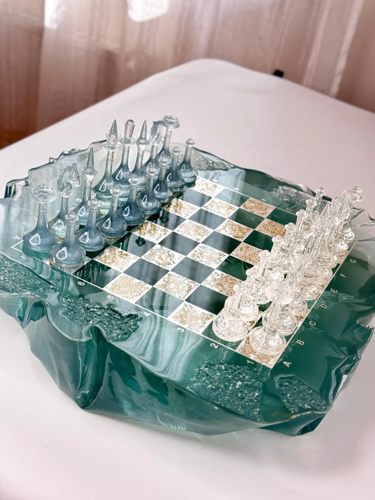 Handmade Iceberg Resin Chess Set with Elegant Silver Accents and Artistic Crystal Chess Pieces