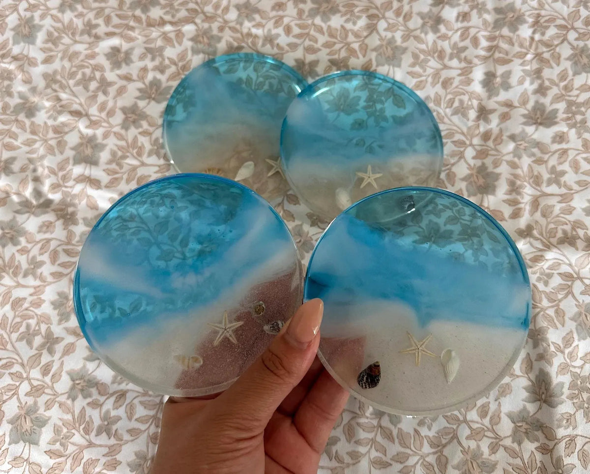 Ocean Resin Coaster, Square Round Seashell Design, Handmade Coastal Table Decor, Beach Inspired Home