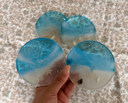 Ocean Resin Coaster, Square Round Seashell Design, Handmade Coastal Table Decor, Beach Inspired Home
